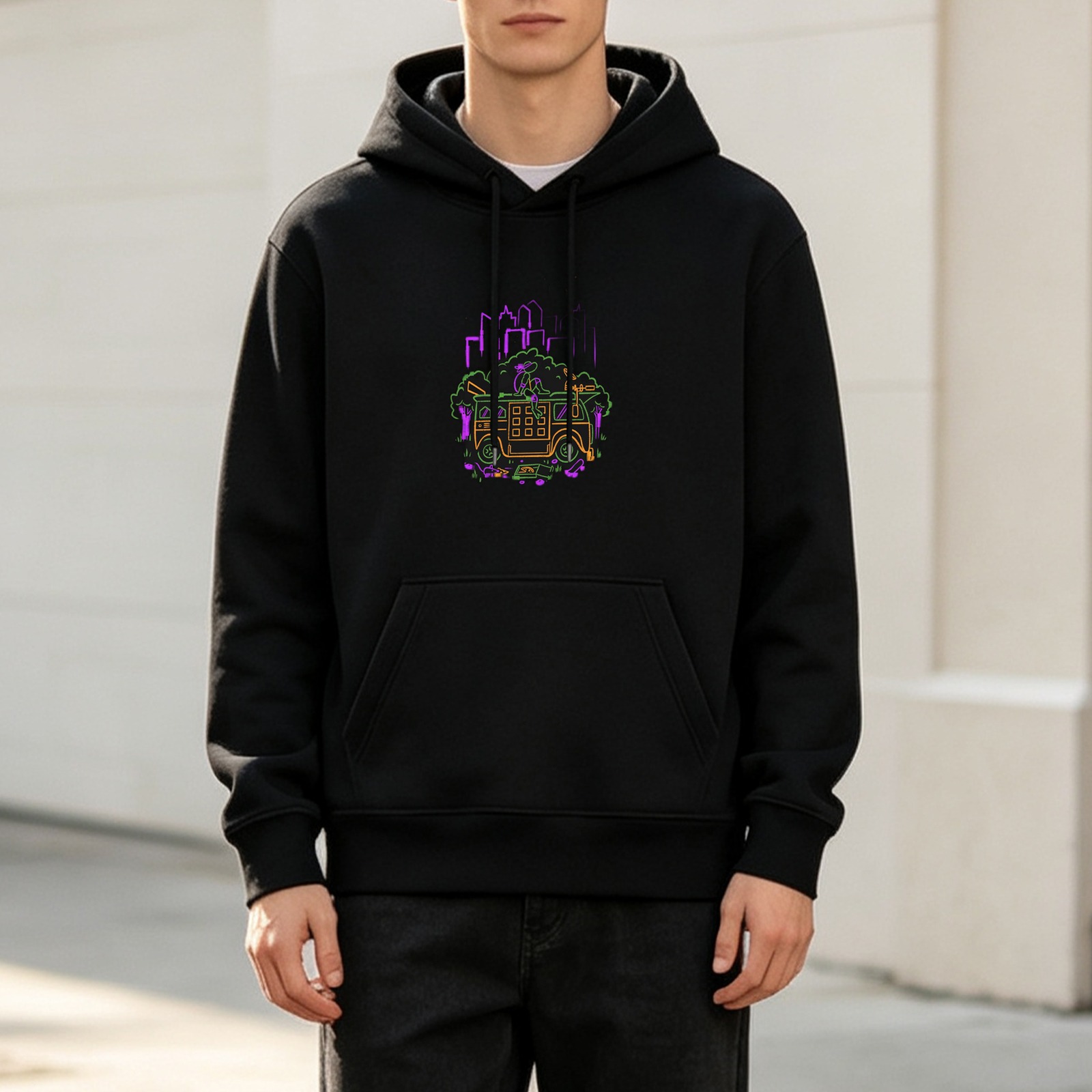 Black hoodie with neon city van graphic design