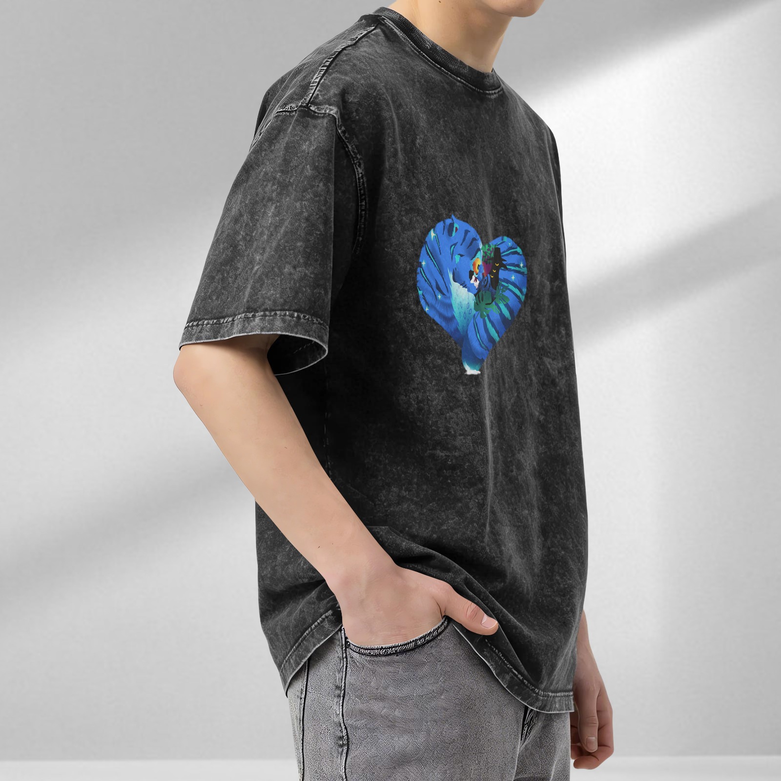 Washed Black T-Shirt With Heart Shaped Peacock Graphic