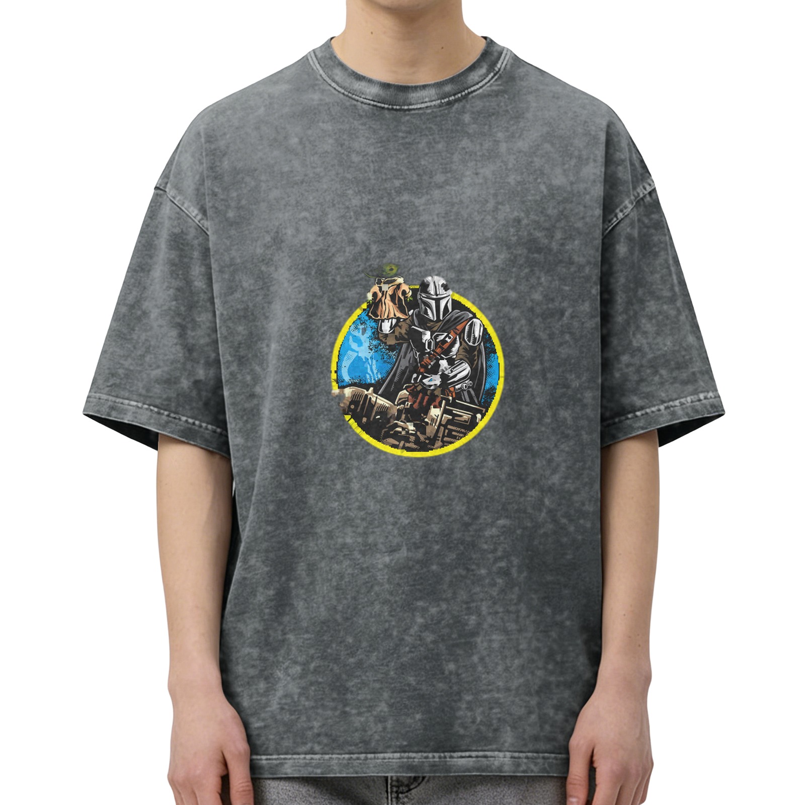 Washed Black T-Shirt With Mandalorian And Child Graphic