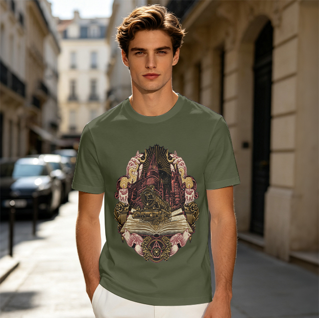 Olive T-Shirt With Vintage Steampunk Train And Open Book Graphic
