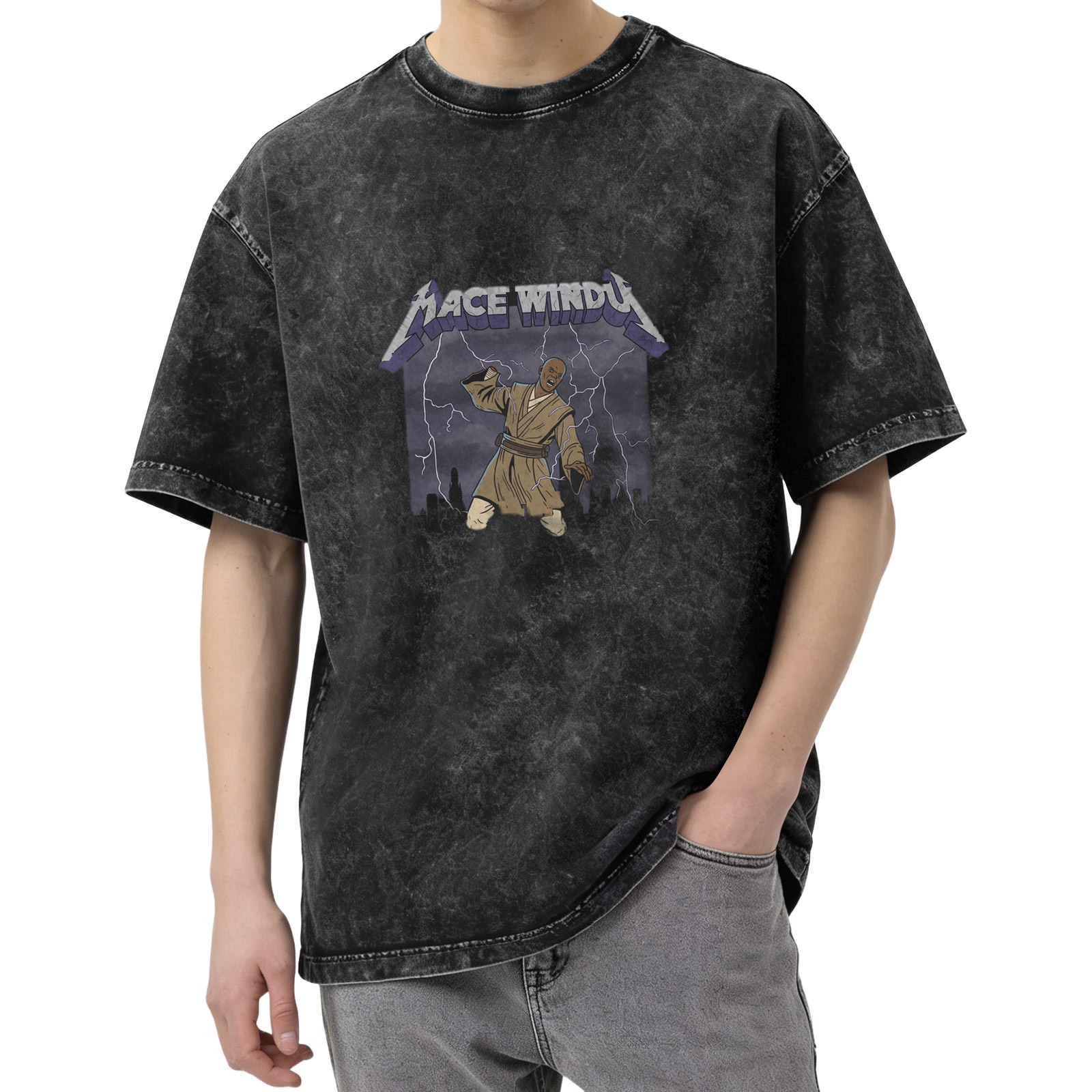 Mace Windu Lightning Graphic Acid Wash T-Shirt