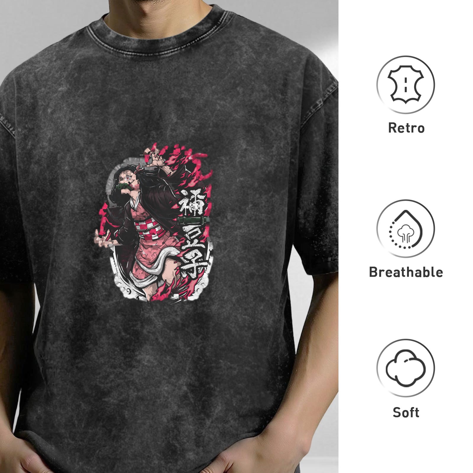 Oversized Acid Wash Anime Demon Slayer Nezuko Graphic T-Shirt