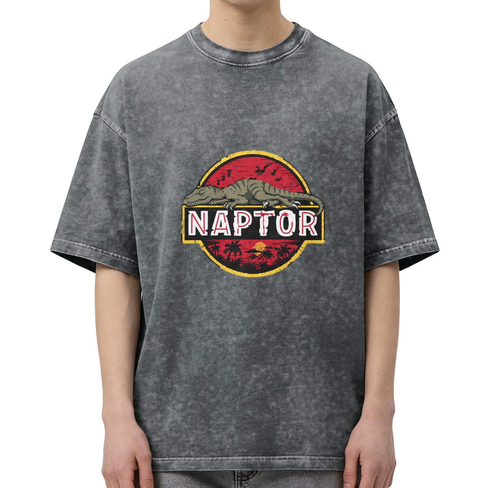 Washed black graphic t-shirt with sleeping raptor naptor design