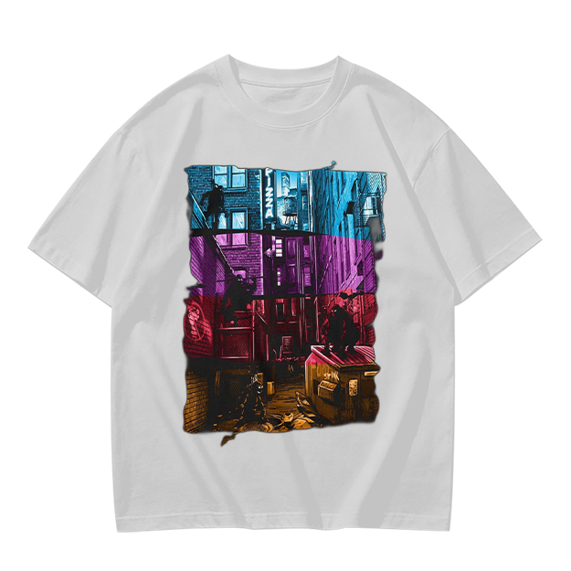 Olive T-Shirt With Vibrant Neon City Alley Graphic Print
