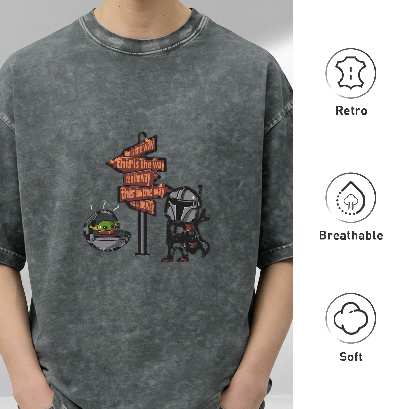Distressed black Mandalorian themed printed short-sleeved T-shirt