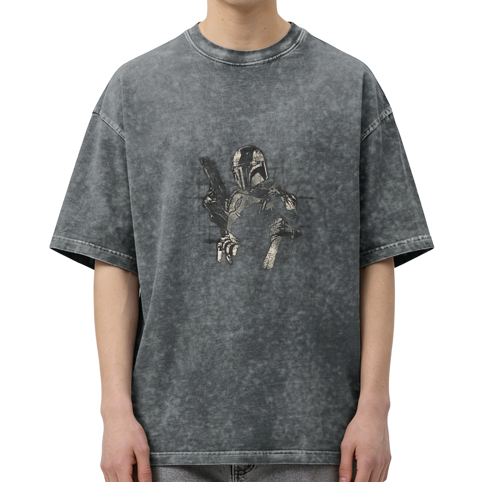 Washed Black Short Sleeve T-Shirt with Mandalorian Character Graphic