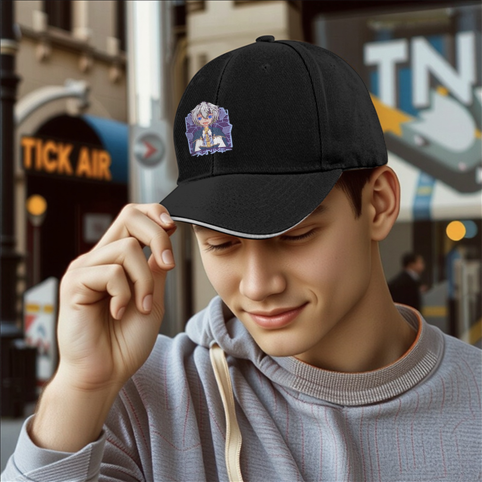 Black Anime Graphic Baseball Cap With Smiling Silver-Haired Character