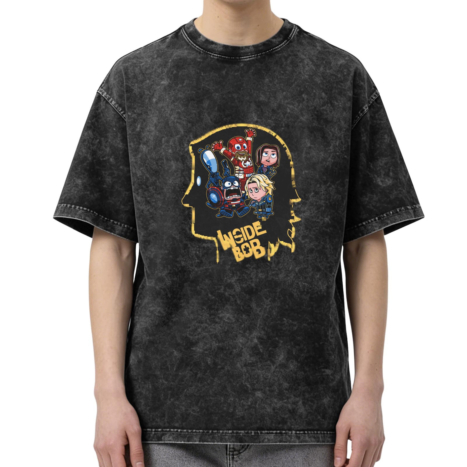Oversized Washed Black T-Shirt With Inside Bob Superhero Graphic