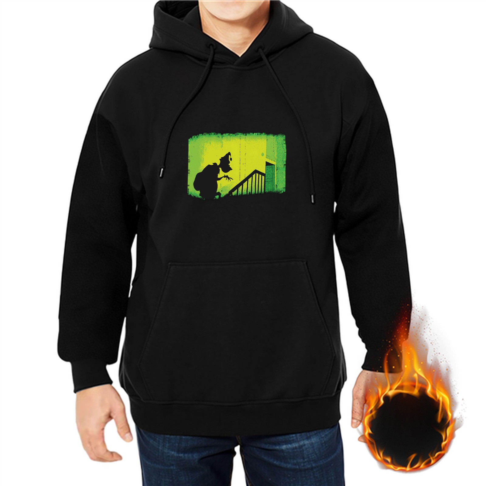 Black hoodie with eerie silhouette stairway graphic print