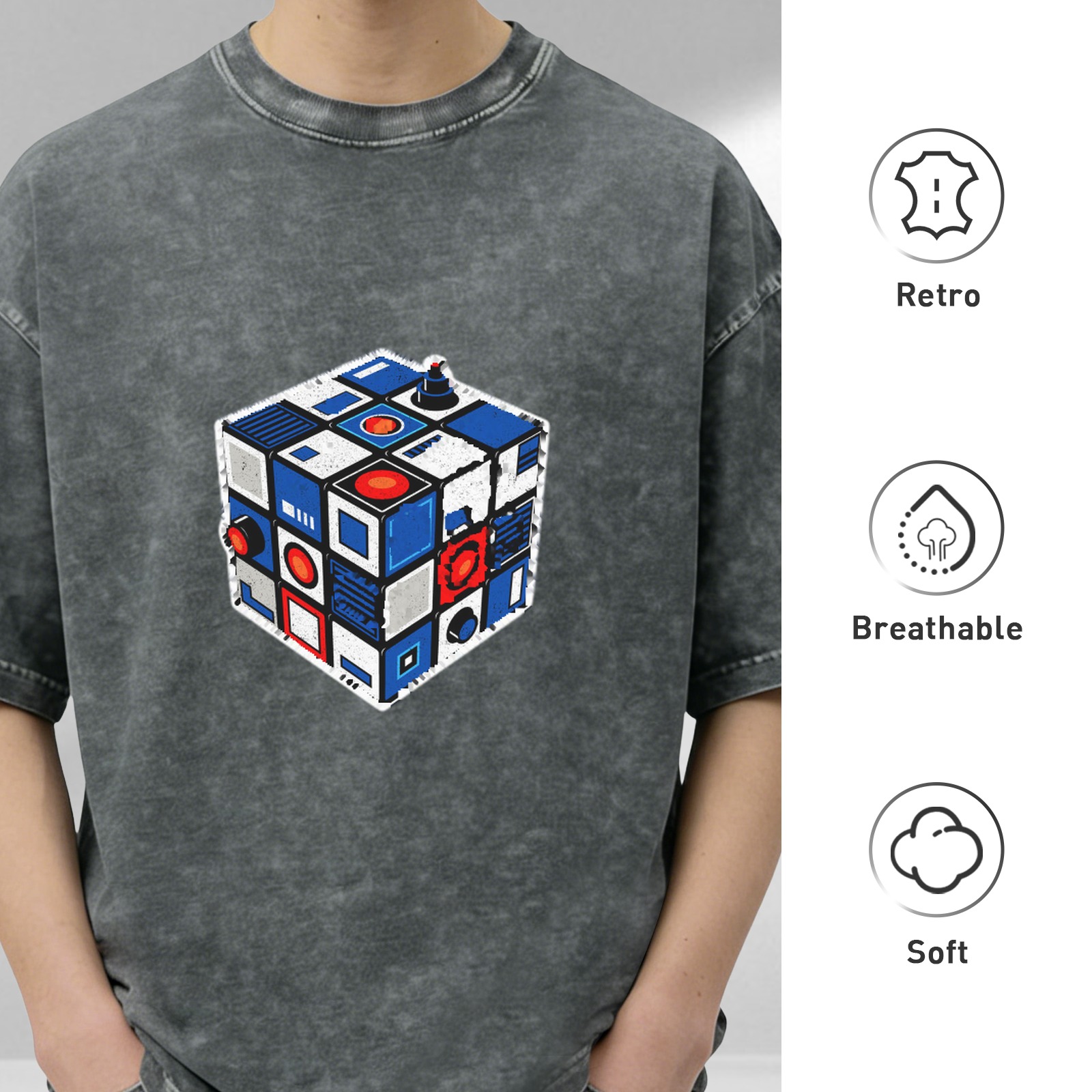 Oversized Acid Wash T-Shirt With Futuristic Rubik's Cube Graphic
