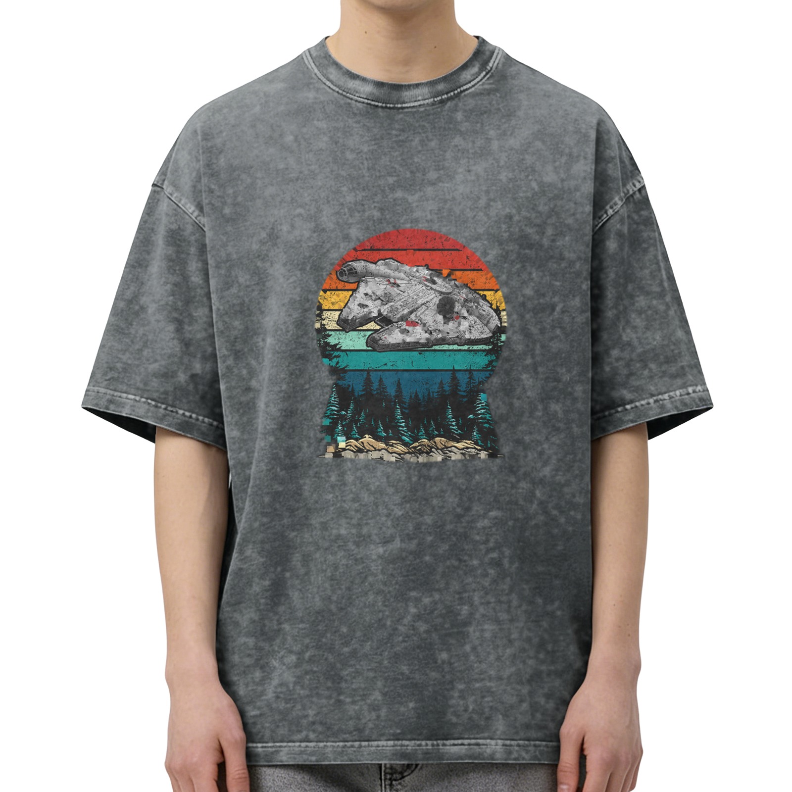 Vintage Washed Black T-Shirt with Retro Sunset Spaceship Forest Graphic