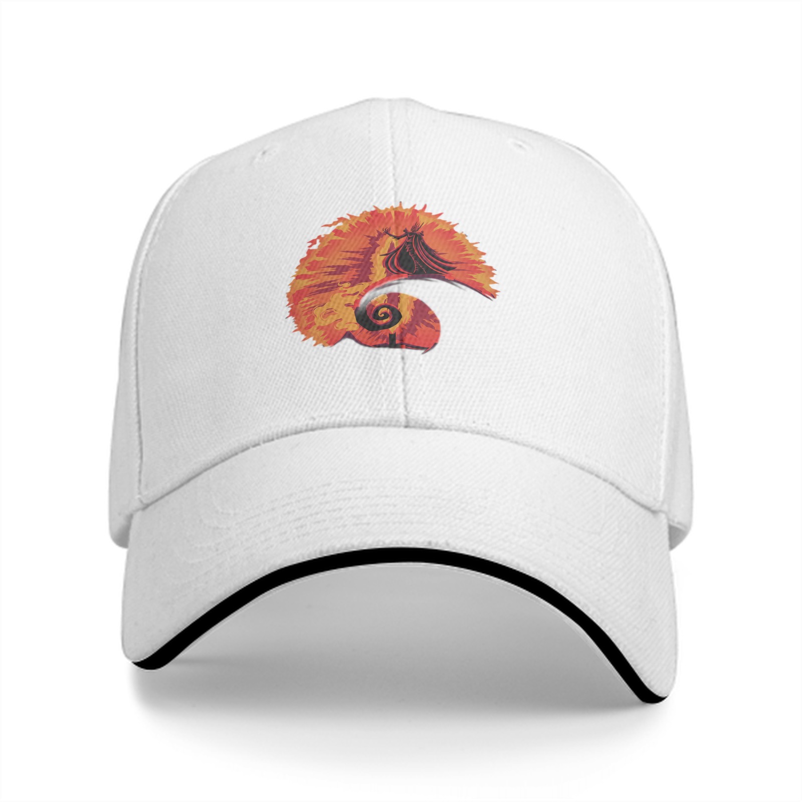 Black baseball cap with fiery spiral silhouette graphic