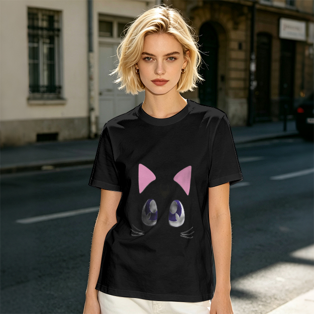 Olive Green T-Shirt With Cute Cat Face Graphic Print