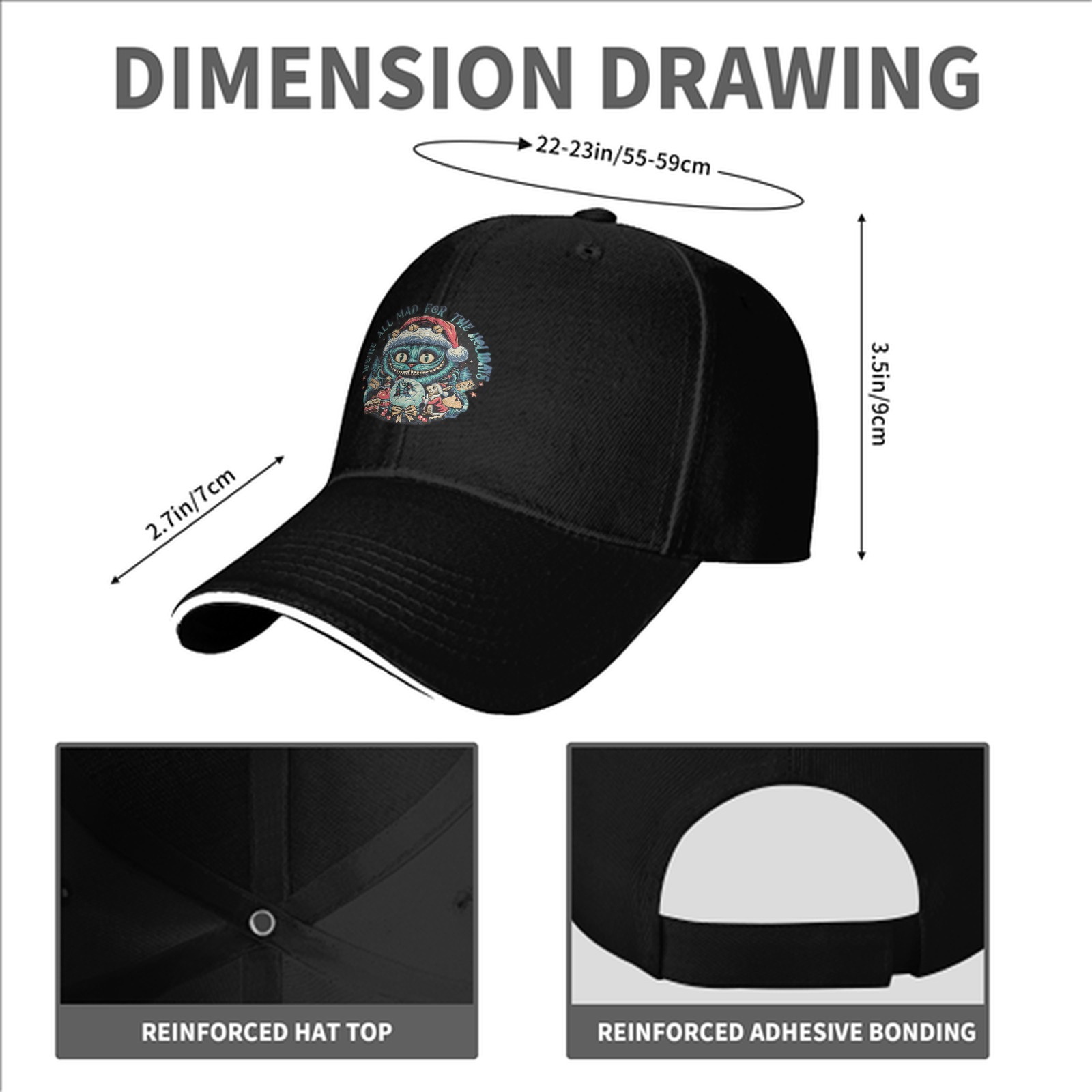 Black Baseball Cap With Cheshire Cat Holiday Christmas Print