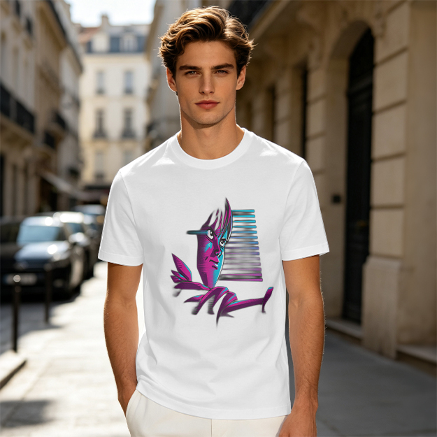 Olive T-Shirt With Abstract Neon Portrait Graphic