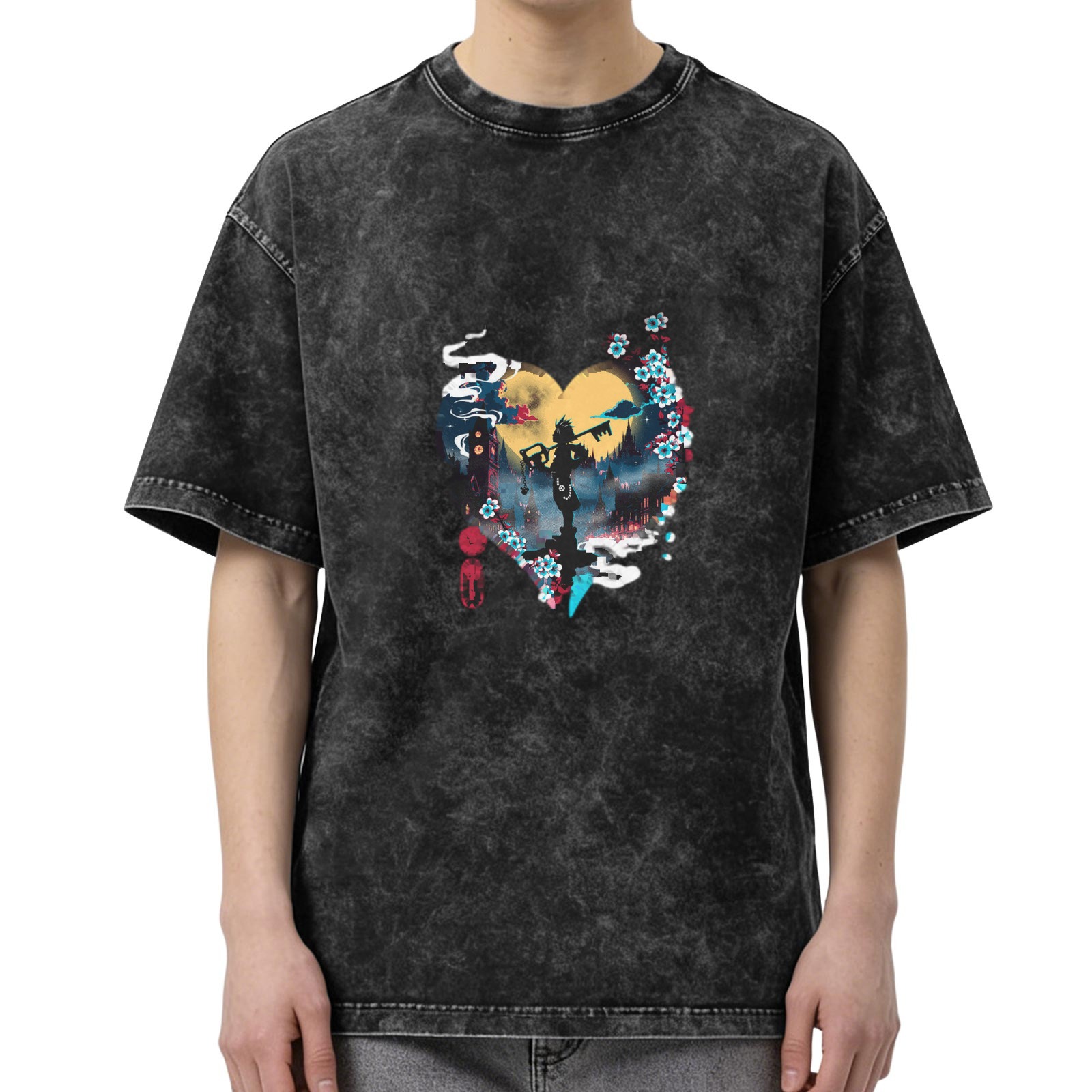 Kingdom Hearts Heart Silhouette Graphic Acid Wash T-Shirt