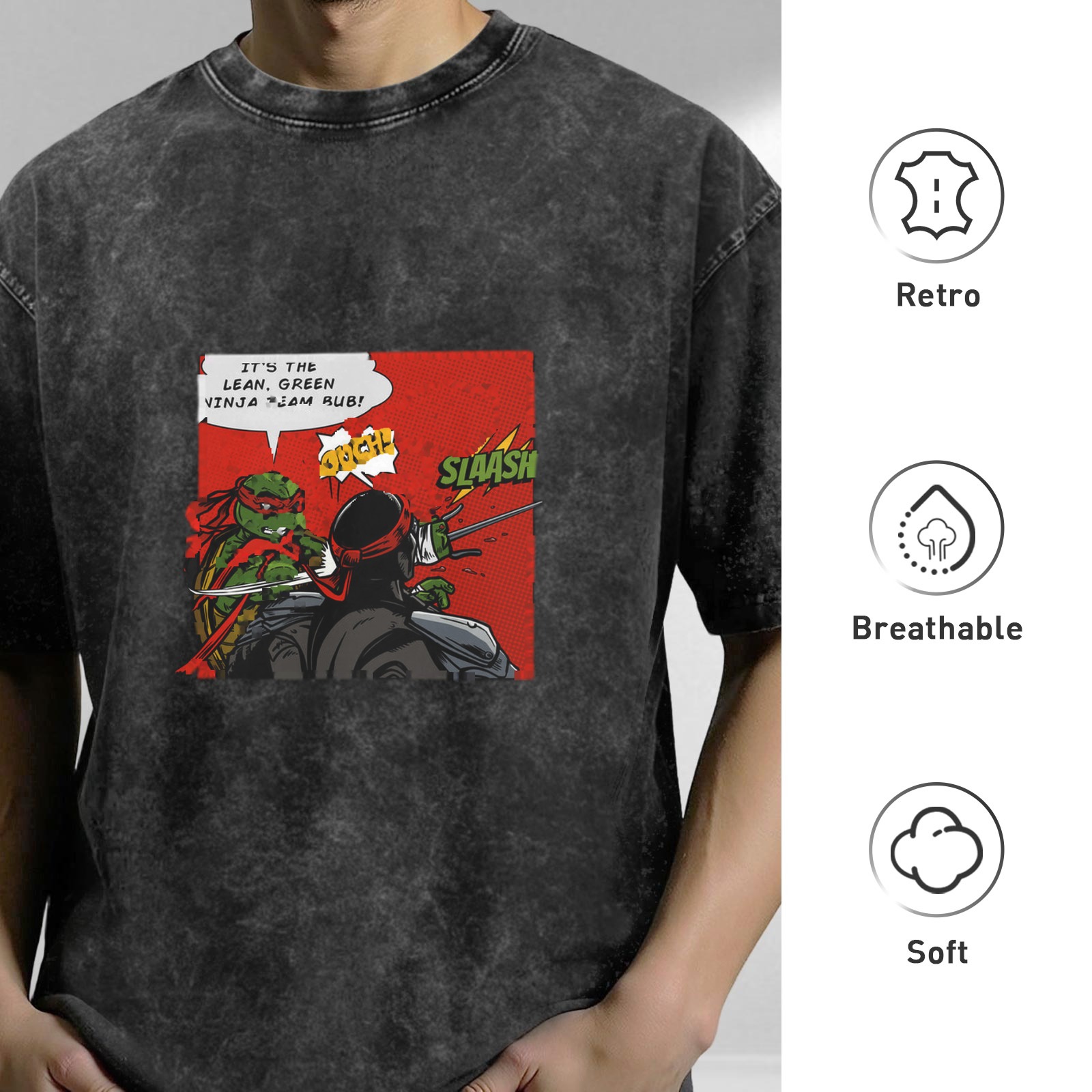Washed black t-shirt with Teenage Mutant Ninja Turtles comic print