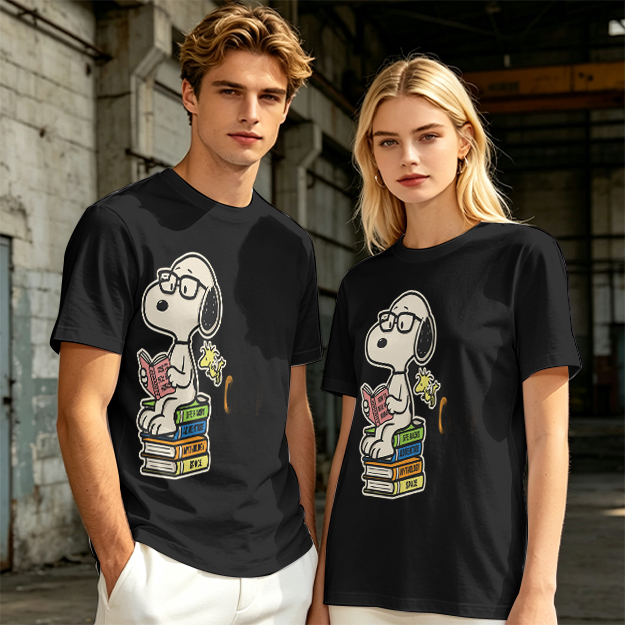 Olive T-shirt with Snoopy reading on stack of books