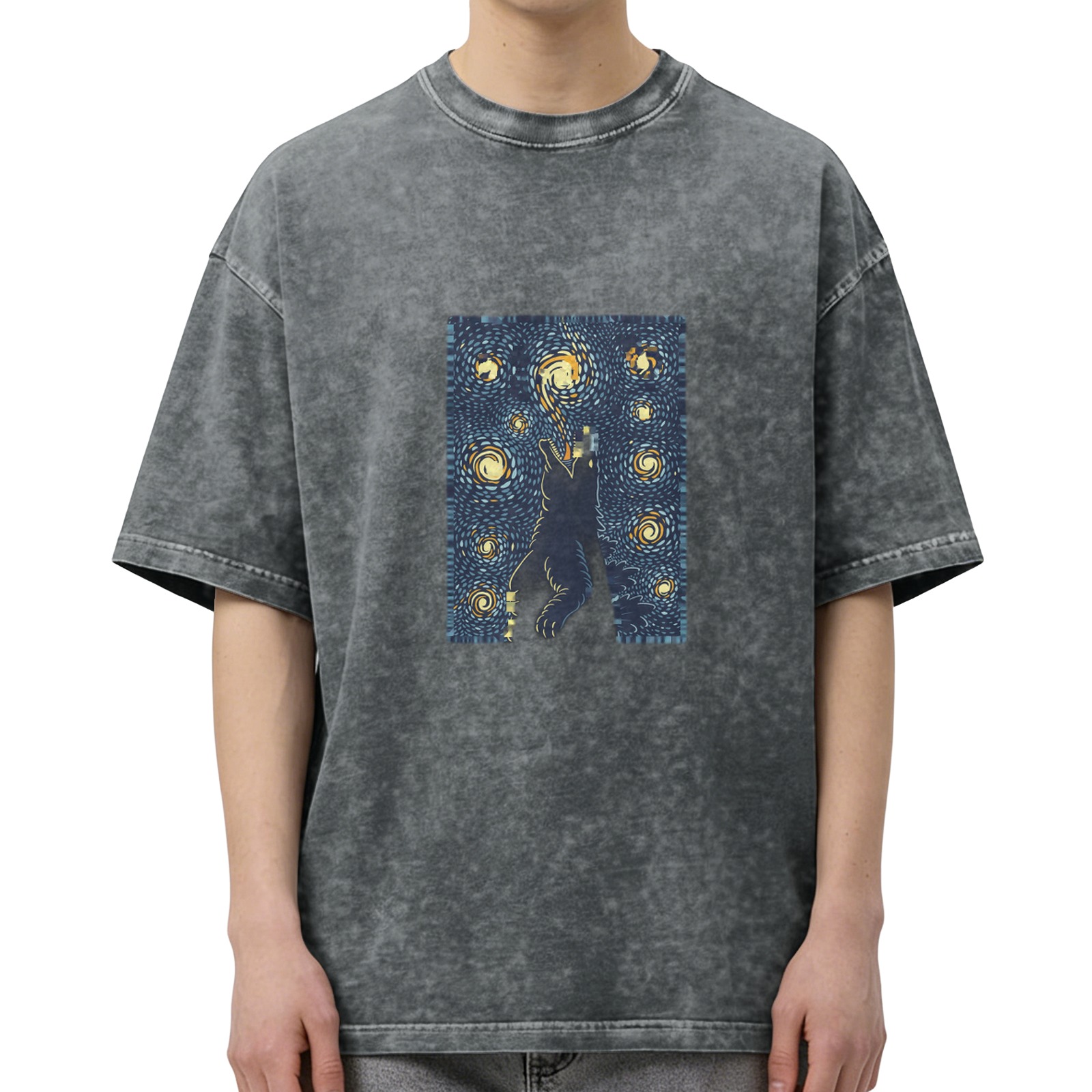 Oversized Dark Wash T-Shirt With Starry Night Wolf Howl Print