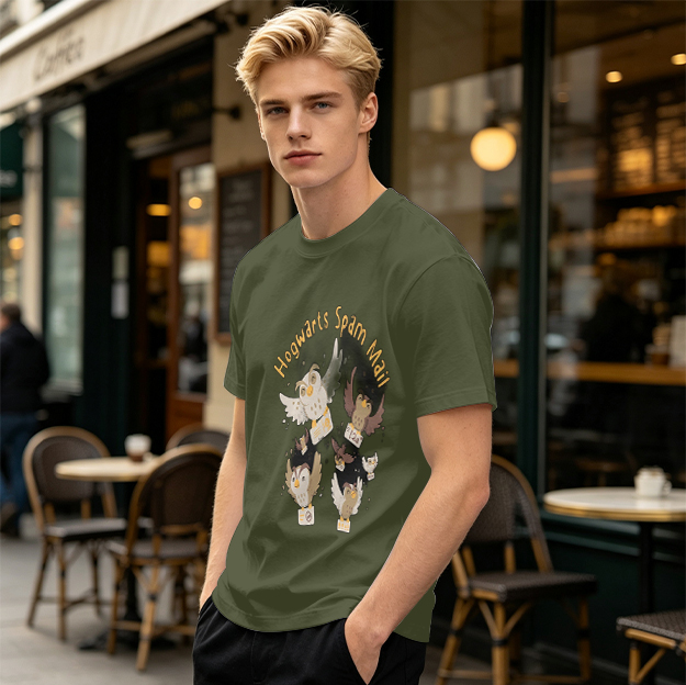 Olive t-shirt with Hogwarts Spam Mail owl graphic print