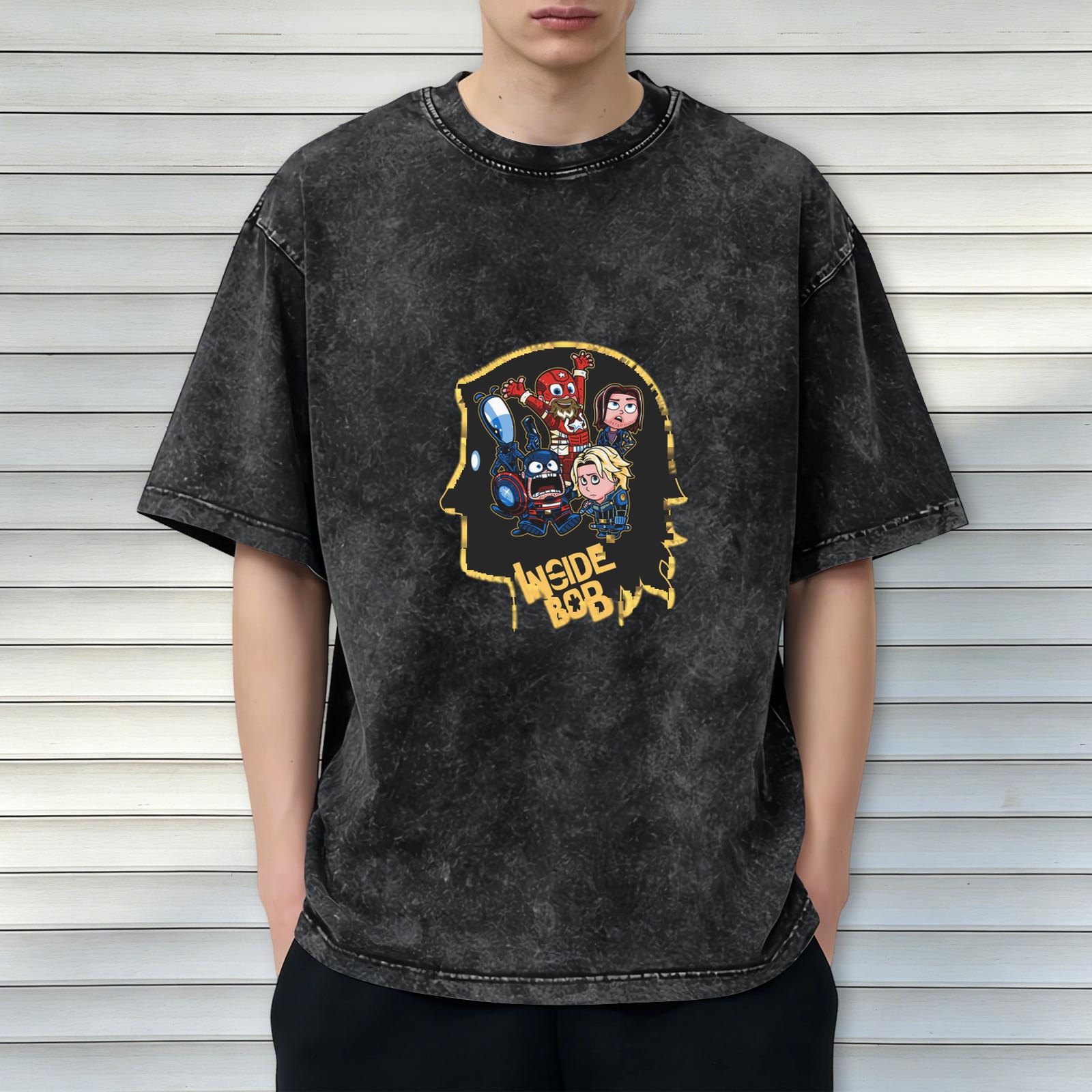 Oversized Washed Black T-Shirt With Inside Bob Superhero Graphic