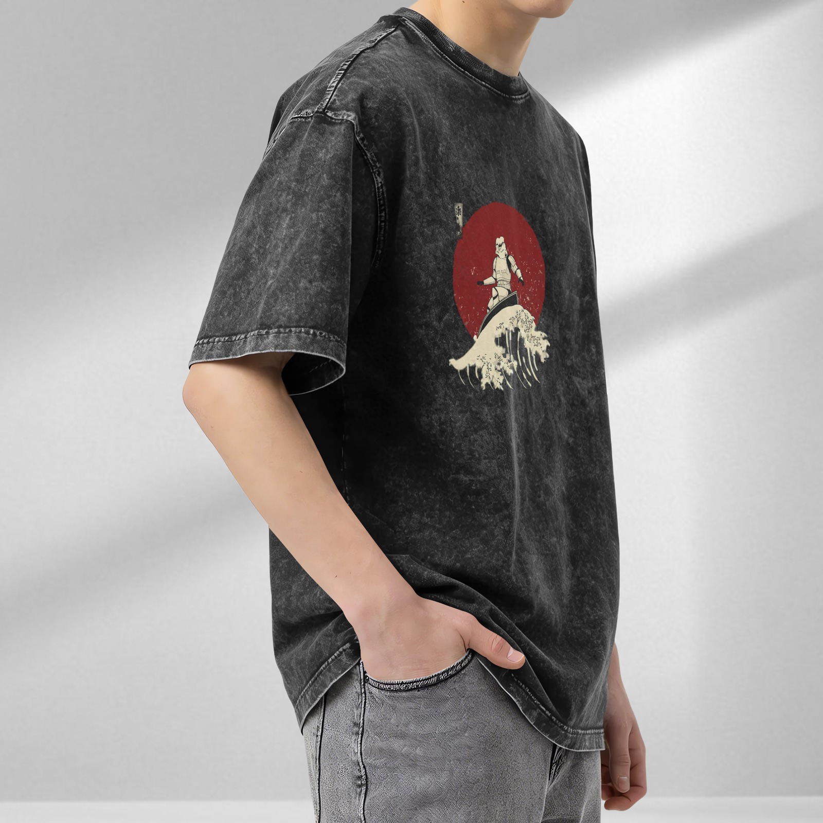 Oversized Stone-Washed Black T-Shirt with Surfer Stormtrooper & Great Wave Graphic Print