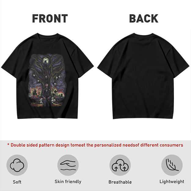 Olive t-shirt with gothic tree raven and graveyard graphic