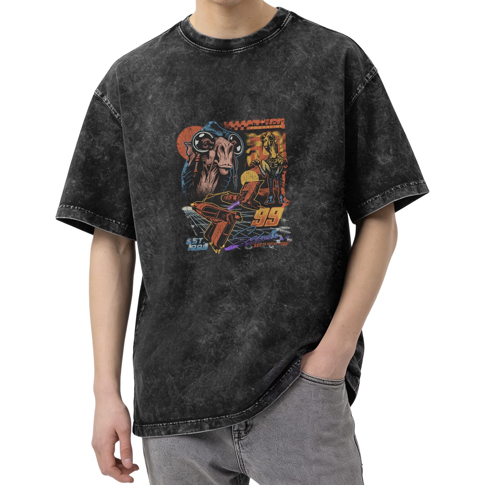 Oversized Acid Wash T-Shirt with Retro Sci-Fi Alien Racing Graphic