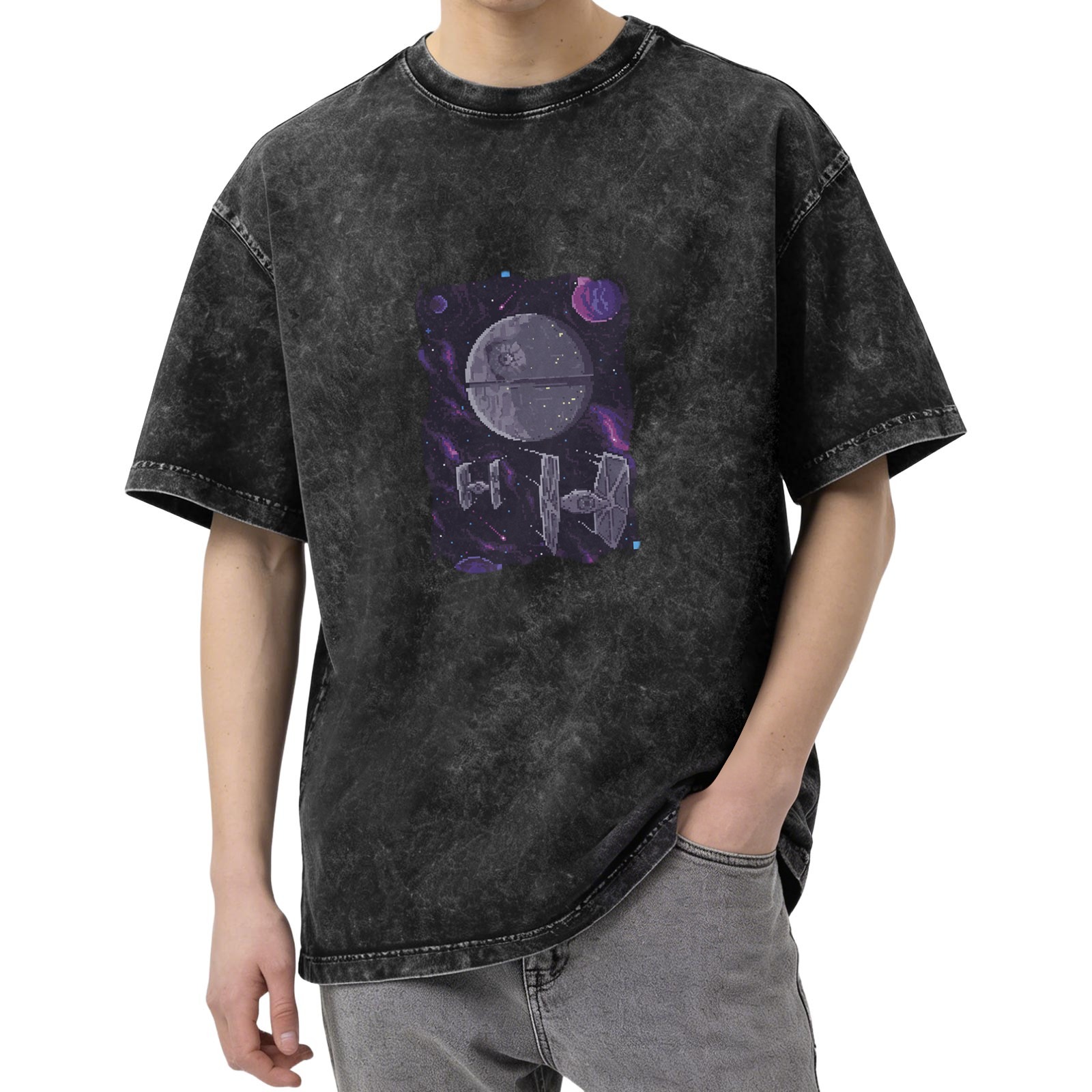 Star Wars themed pixel wind Death Star TIE fighter print old washed black loose short-sleeved T-shirt