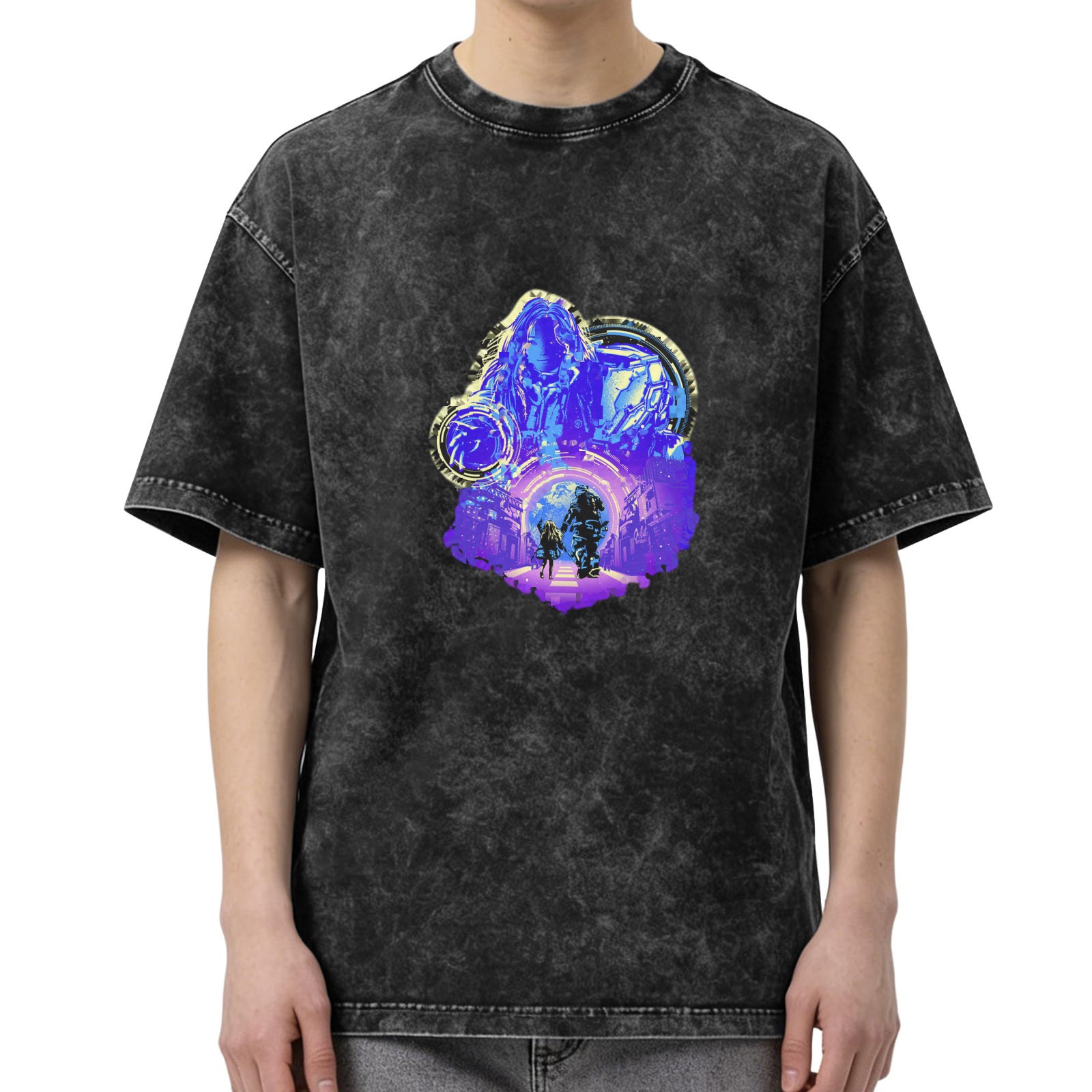 Washed Black Graphic T-Shirt with Neon Sci-Fi Portal Art