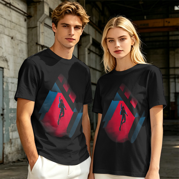 Olive T-shirt with Spider-Man mid-swing over city buildings