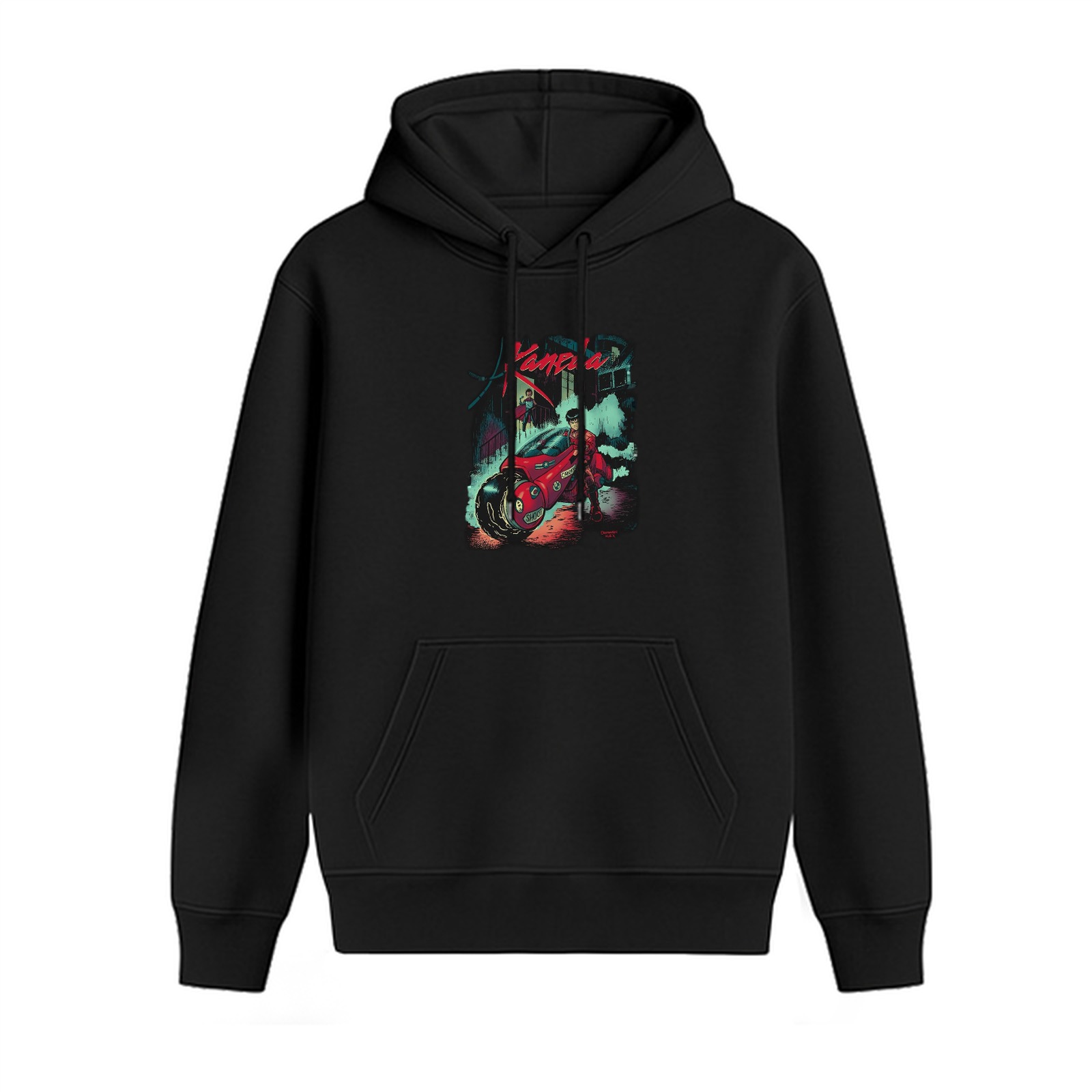 Black Hoodie With Retro Anime Motorcycle Graphic Print