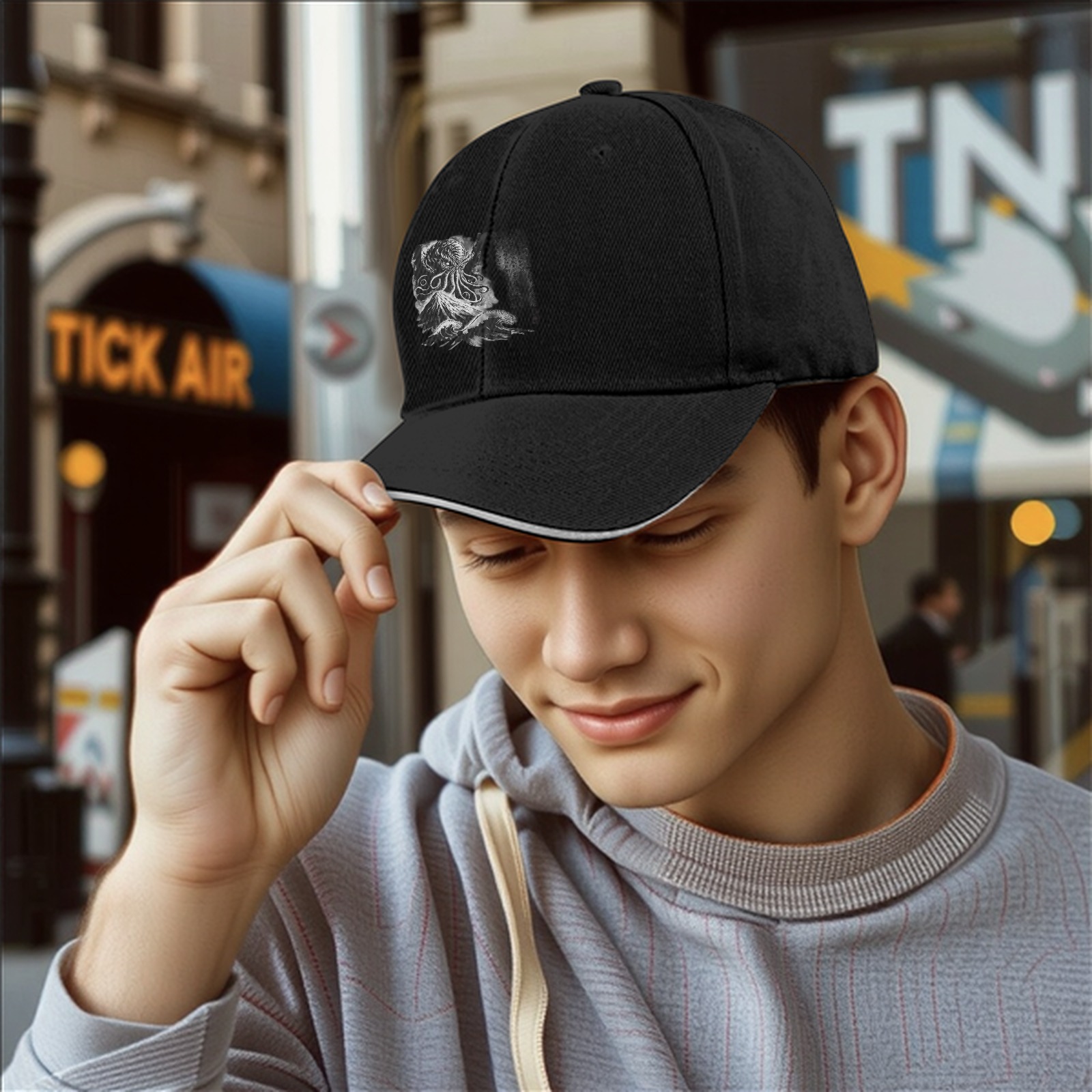 Black Baseball Cap With Cthulhu Octopus Monster Graphic