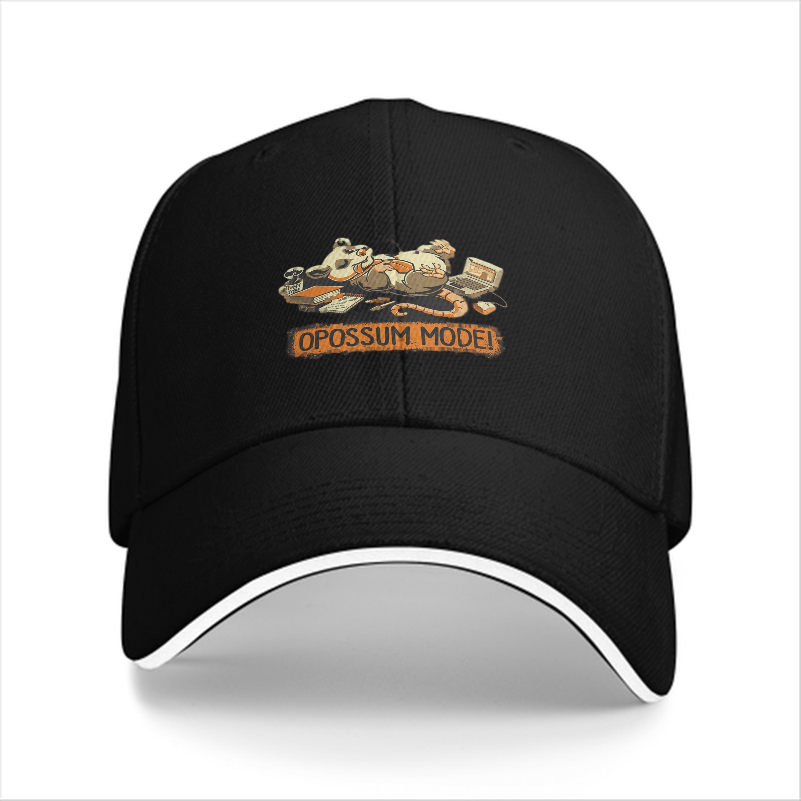 Black baseball cap with relaxed opossum 'OPOSSUM MODE!' graphic