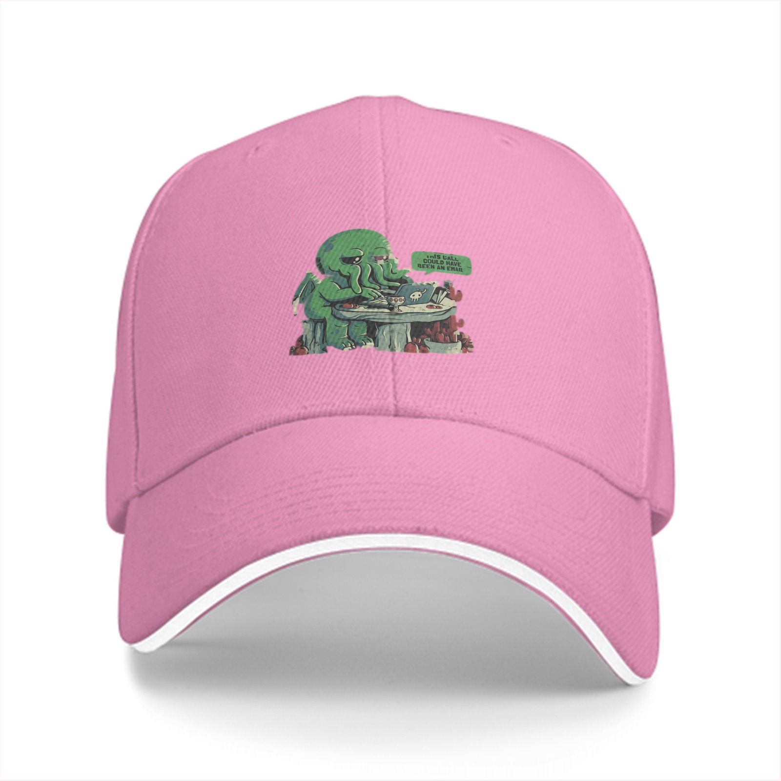 Black baseball cap with cute Cthulhu using laptop graphic
