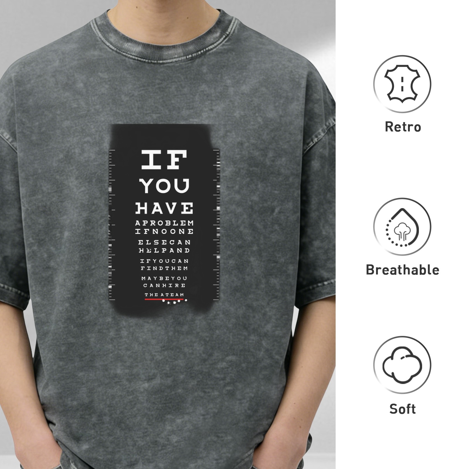 Washed black graphic t-shirt with eye chart style text design