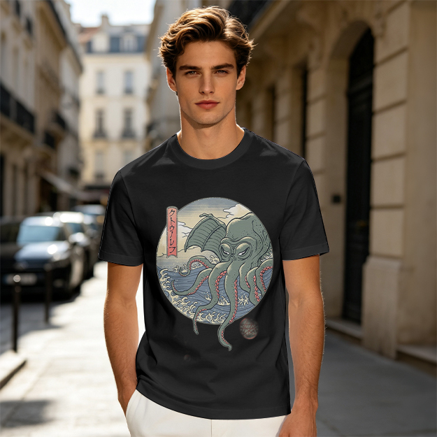 Olive T-shirt with Ukiyo-e Style Cthulhu Octopus Print