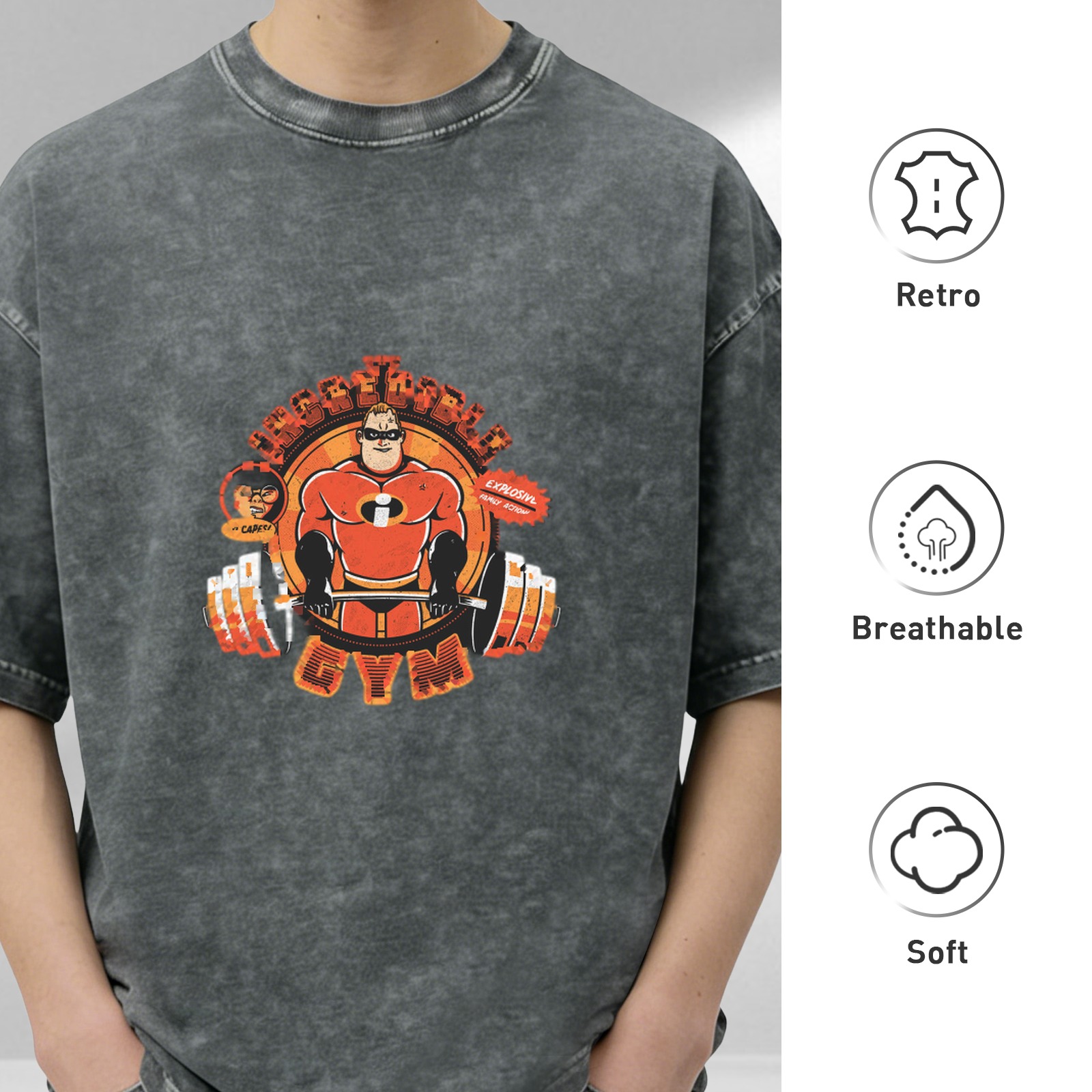 Washed black t-shirt with Incredibles gym weightlifting graphic