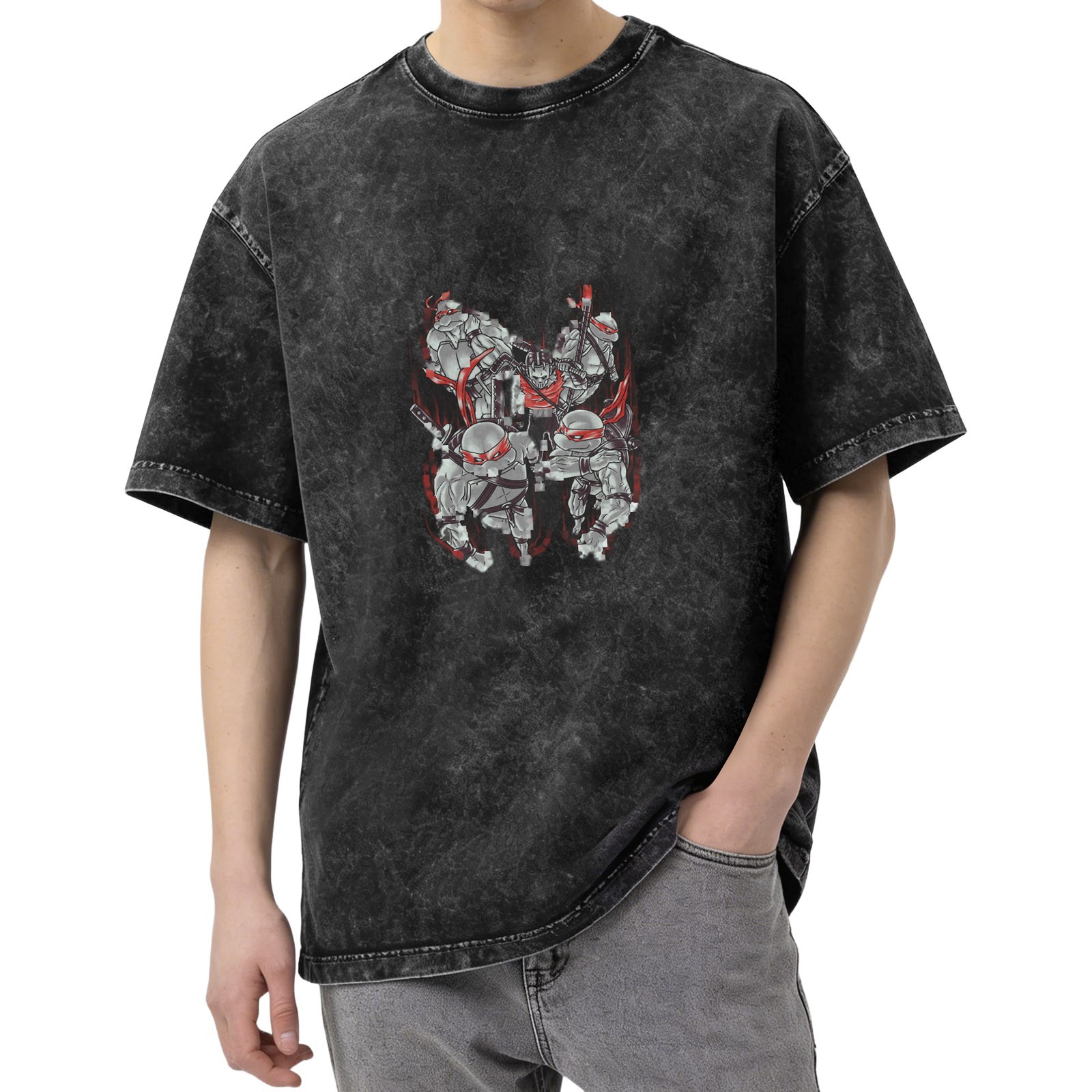 Washed Black T-Shirt with Futuristic Ninja Turtles Graphic