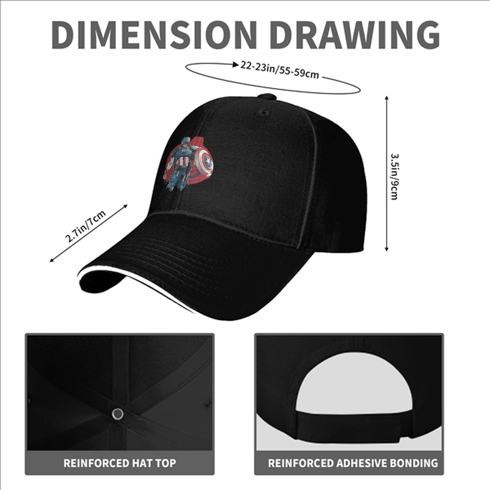 Black Baseball Cap With Captain America Graphic Print