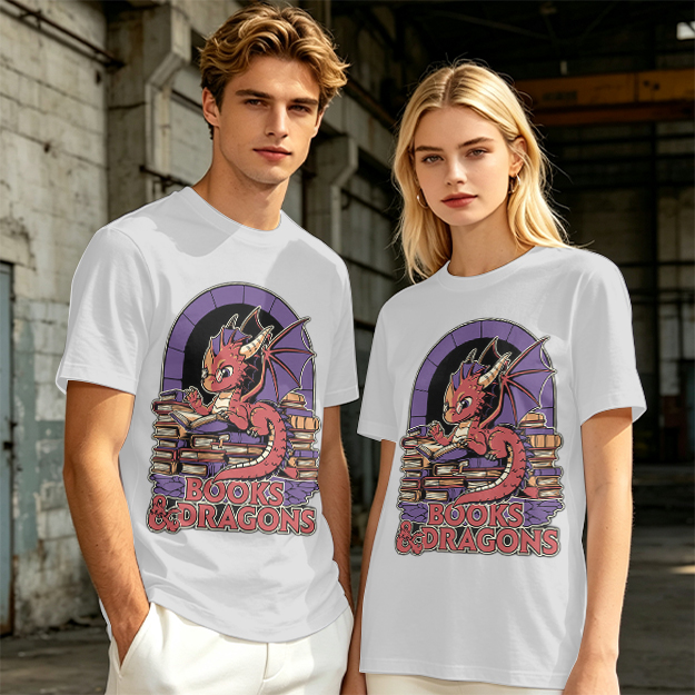 Olive t-shirt with cute red dragon reading books graphic
