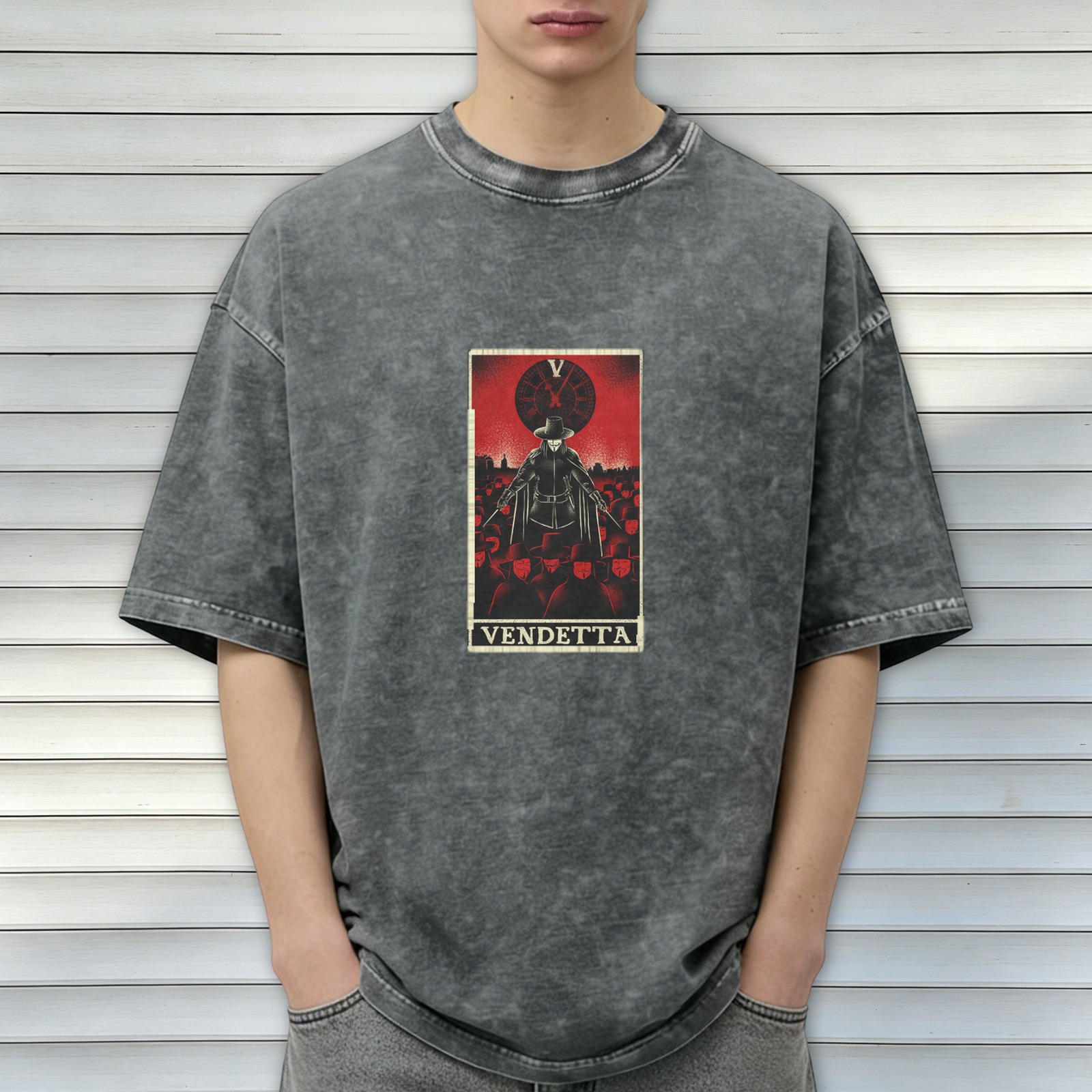 V for Vendetta Tarot Graphic Stone Wash Black T-Shirt