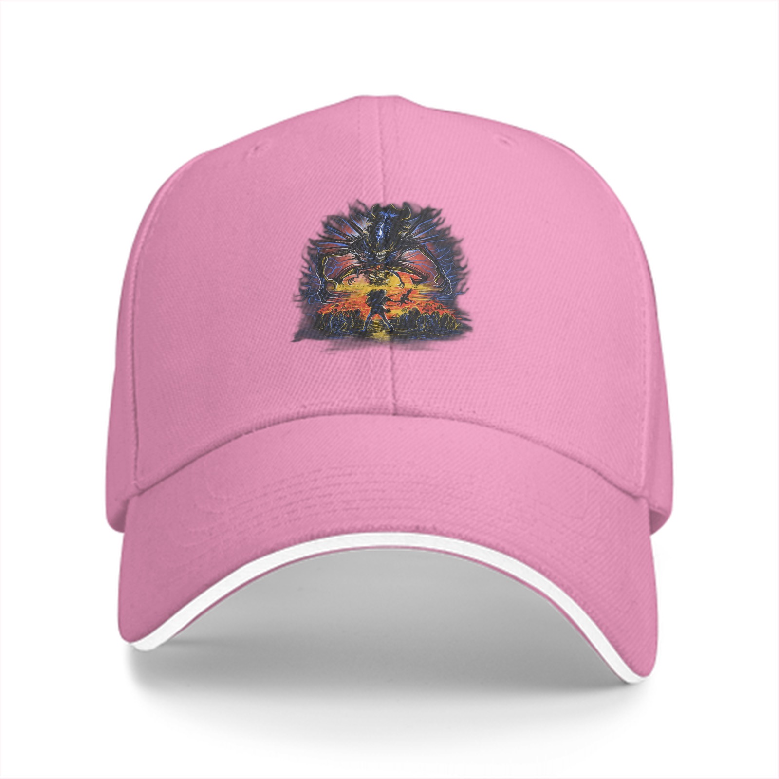 Black baseball cap with fantasy monster battle graphic print