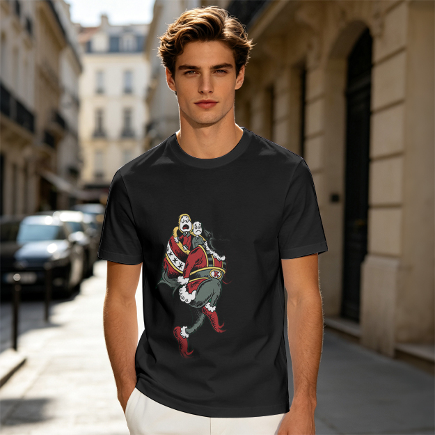 Olive T-shirt with distressed cartoon Santa Claus graphic