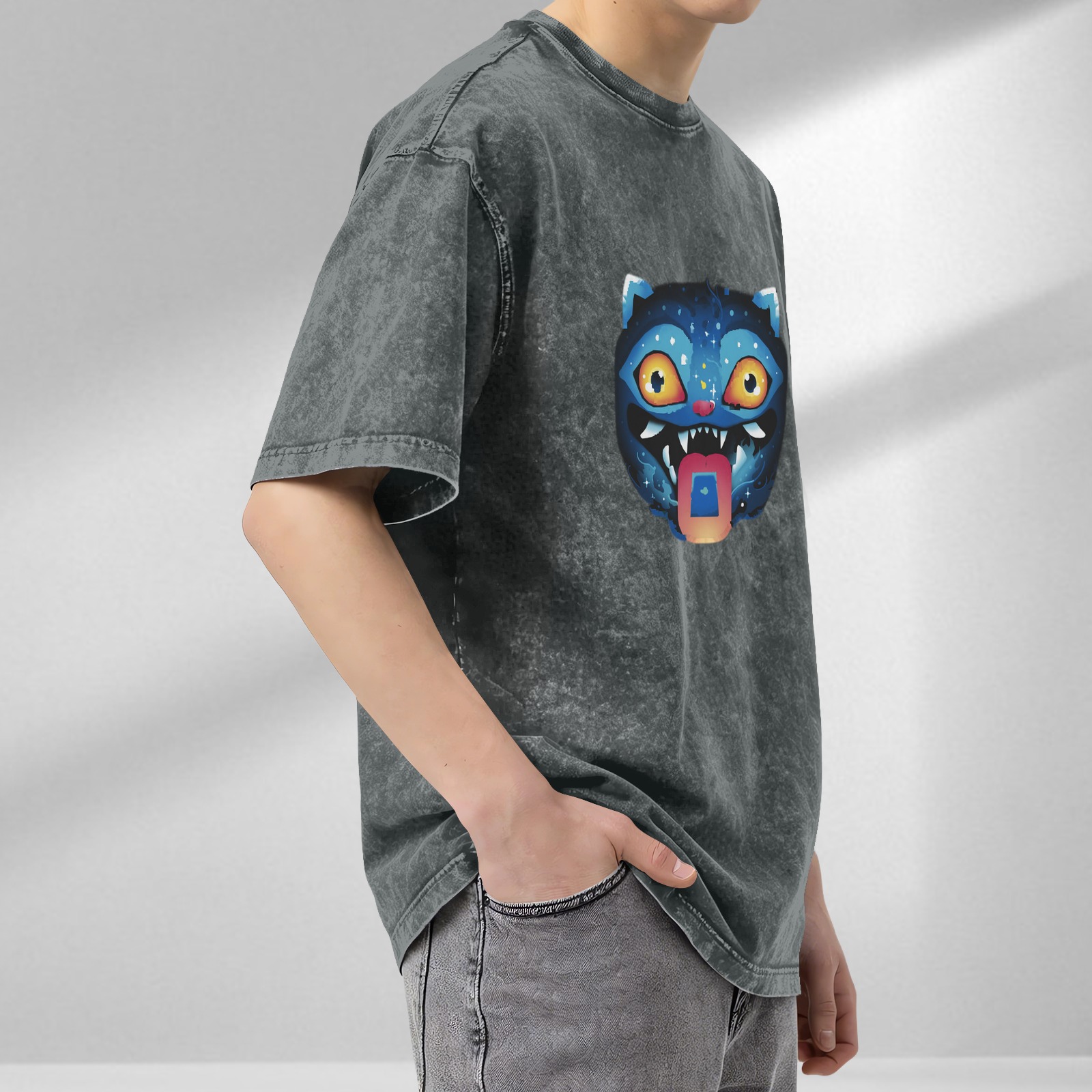 Oversized Acid Wash T-Shirt With Cosmic Blue Monster Cat Graphic