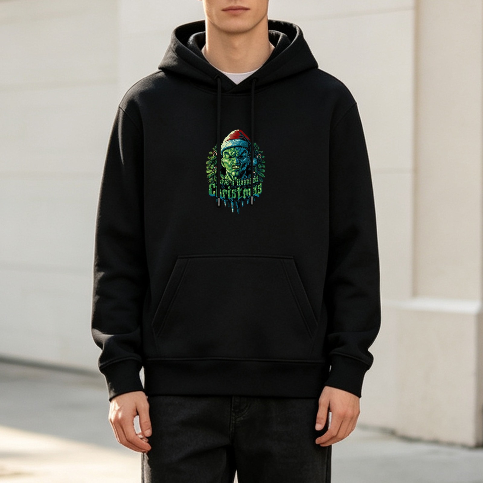 Black Hoodie with Green Monster Santa Haunted Christmas Print