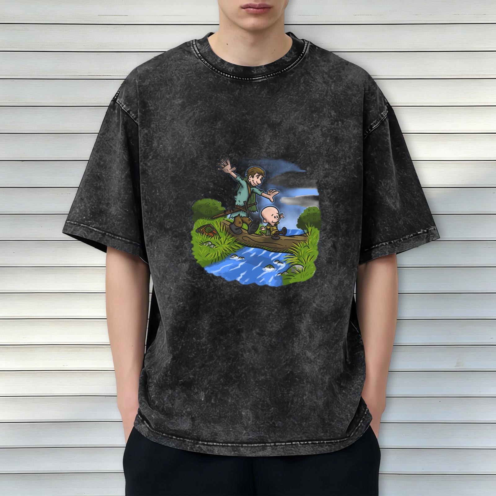 Washed Black T-Shirt With Cartoon Boys Crossing Stream Art