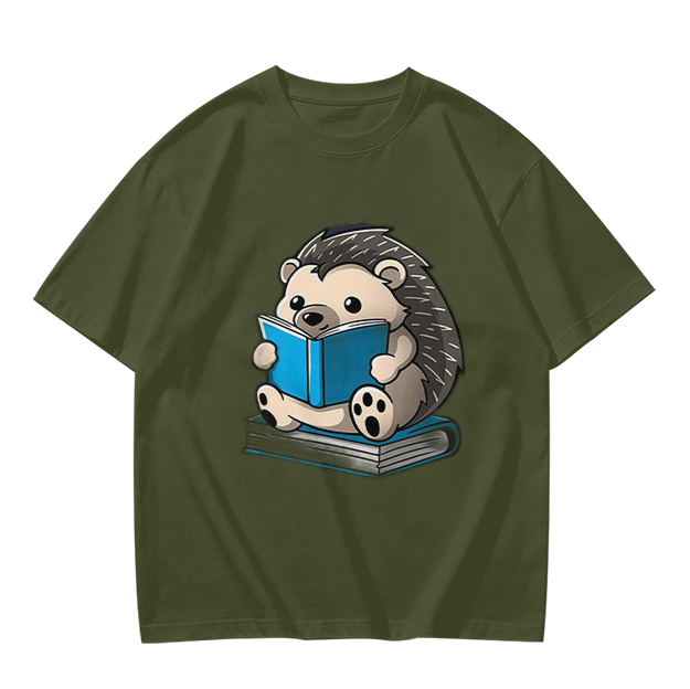 Olive T-shirt with Cute Hedgehog Reading a Book Graphic