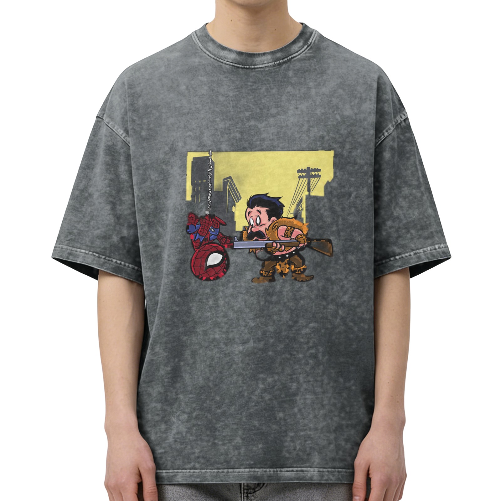 Washed black graphic tee with Spider-Man and hunter cartoon print