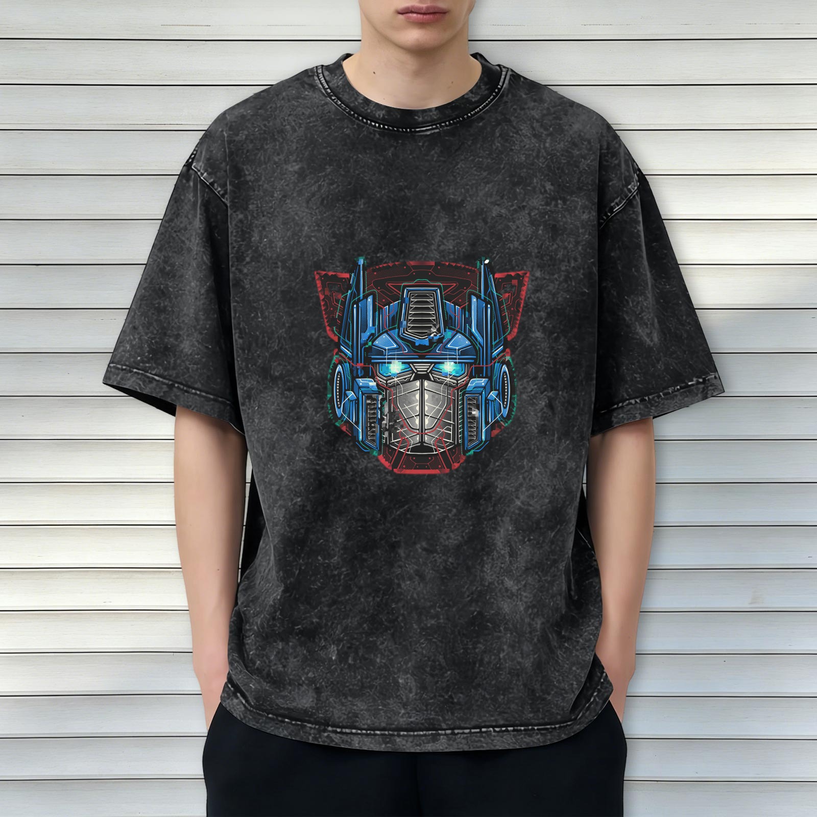 Washed Black T-Shirt With Robot Head Graphic Print